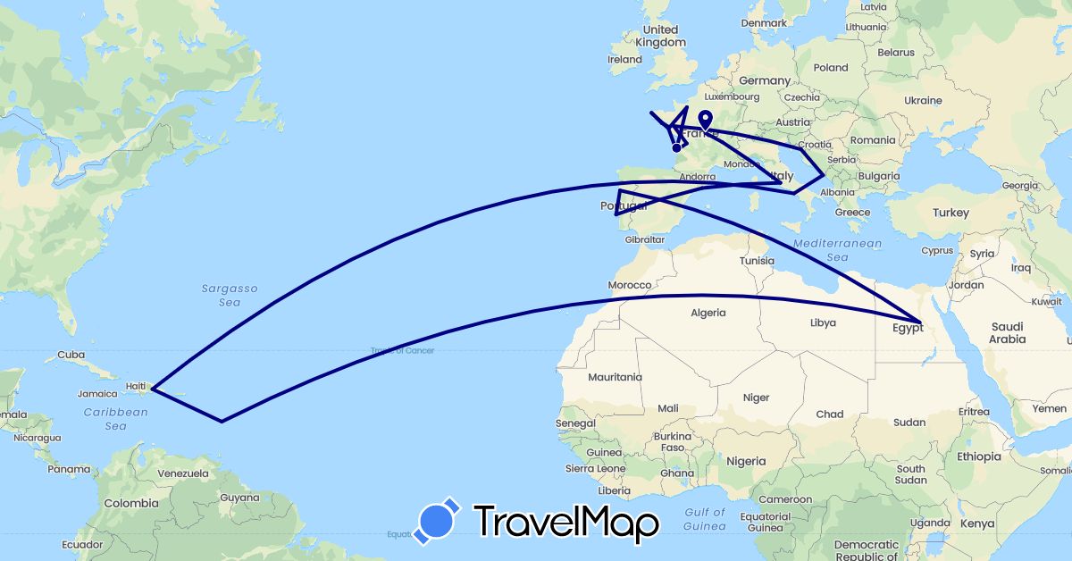 TravelMap itinerary: driving in Dominican Republic, Egypt, Spain, France, Croatia, Italy, Martinique, Portugal (Africa, Europe, North America)
